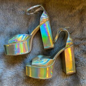 Holographic 9.5 platform sandal heels, Marc Fisher.